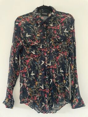 The Kooples Black Floral & Bird Print Button-Down Shirt 100% Silk